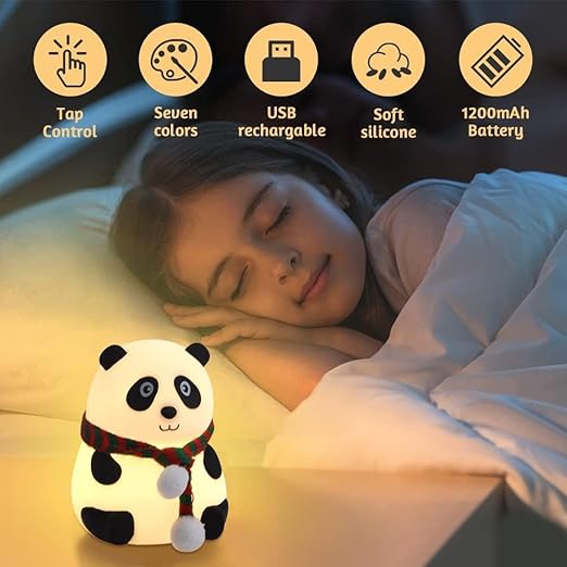 Cute silicon Panda LED Night Lamp with Tap Control & 7 Color Changing Light – USB Rechargeable ⭐